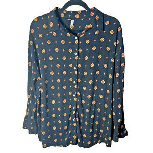 Free People Geometric Button‎ Up Top Womens Sz S Oversized Soft Casual Bohemin